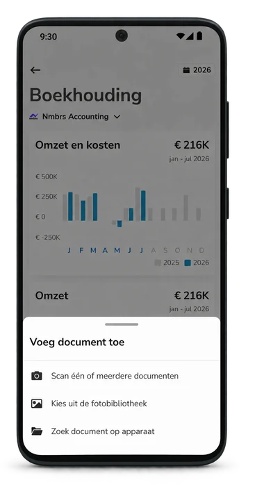 Het scherm Voeg document toe in de app, met de keuze tussen scannen, de fotobibliotheek en een bestand op je telefoon