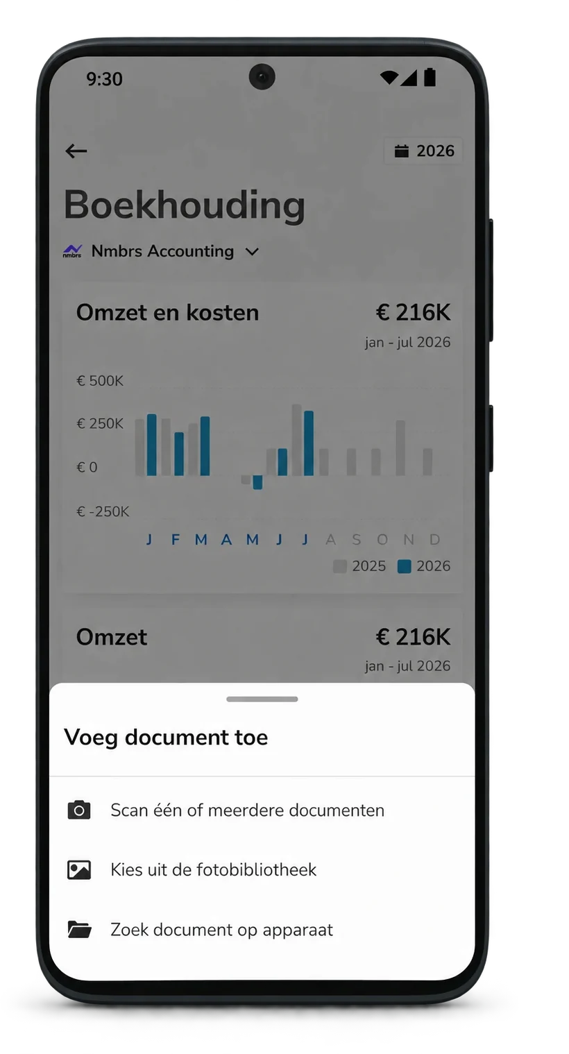 Het scherm Voeg document toe in de app, met de keuze tussen scannen, de fotobibliotheek en een bestand op je telefoon. Voorbeeldscherm.