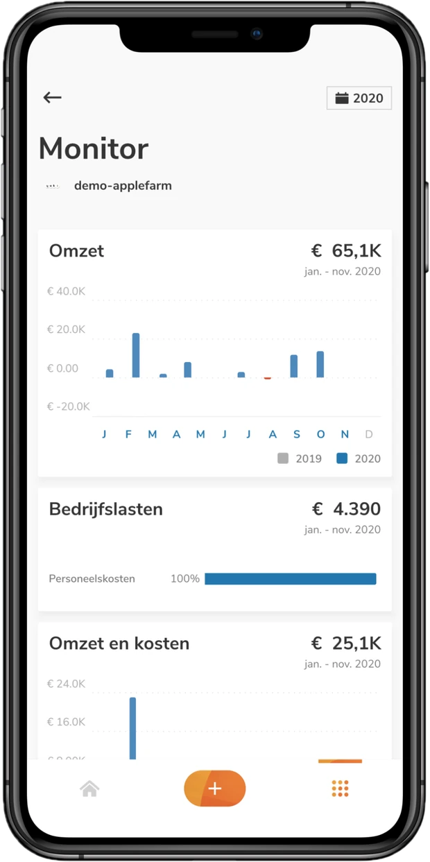 De Boekhoudheld-app toont omzet, bedrijfslasten en resultaat