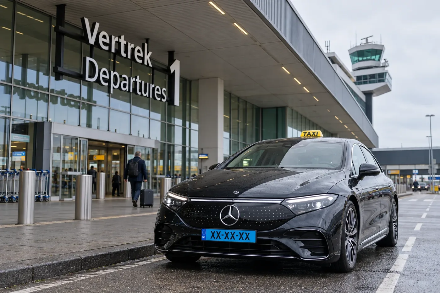Taxi voor de vertrekhal van Schiphol